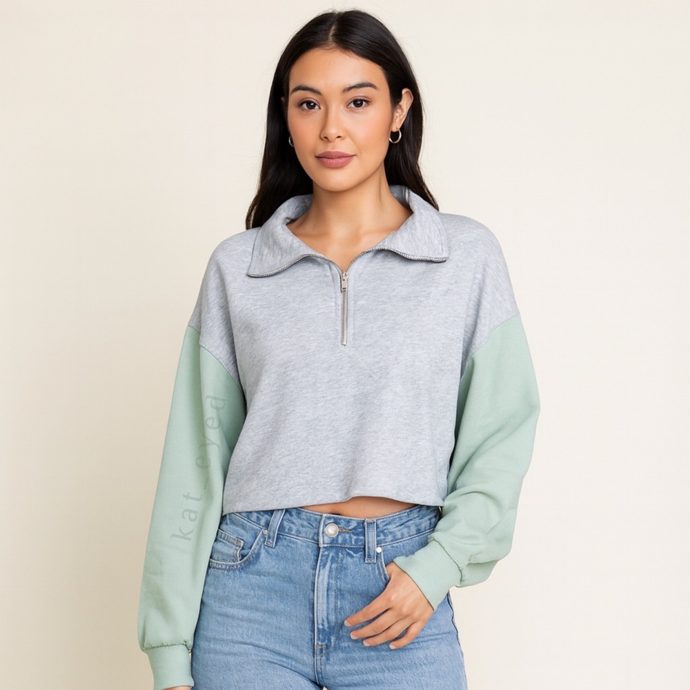NEW Blue Blush Colorblock 1/4 Zip Cropped Green Gray Pullover Sweatshirt- Small